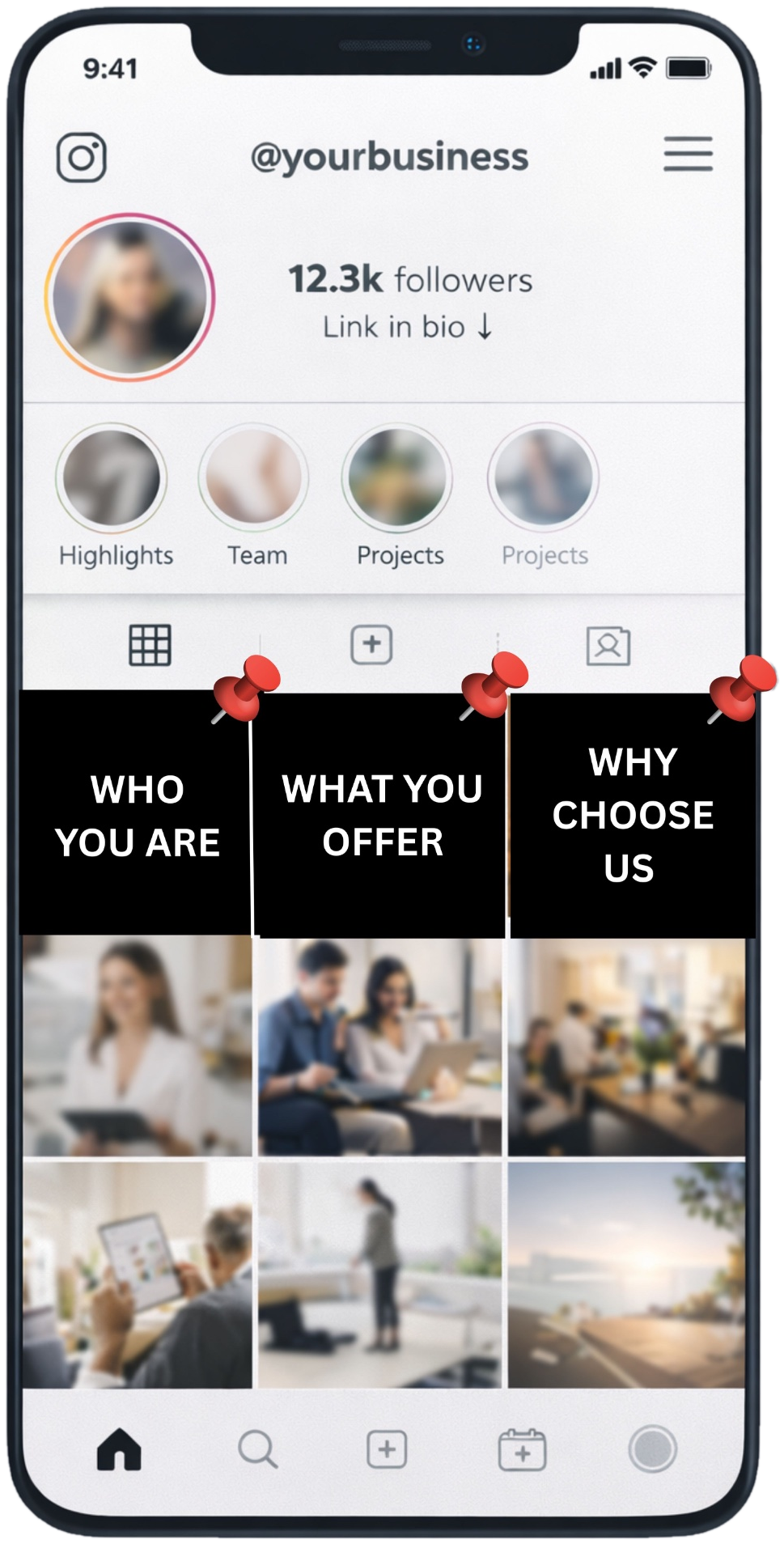 Instagram profile with three pinned Iconic Trio videos: who you are, what you offer, why choose us