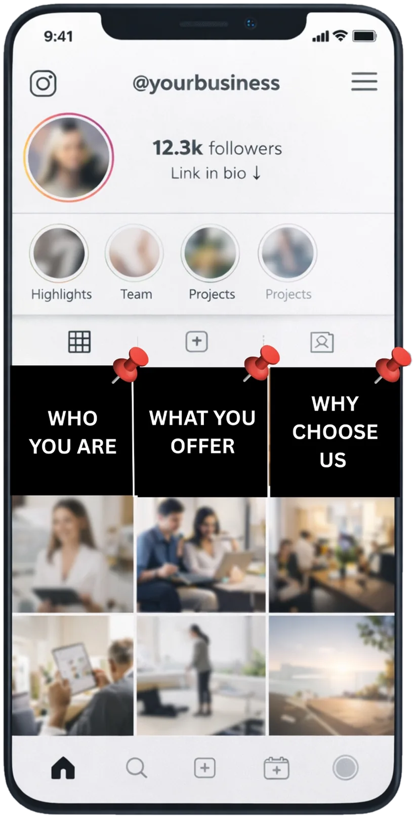 Instagram profile with three pinned Iconic Trio videos: who you are, what you offer, why choose us